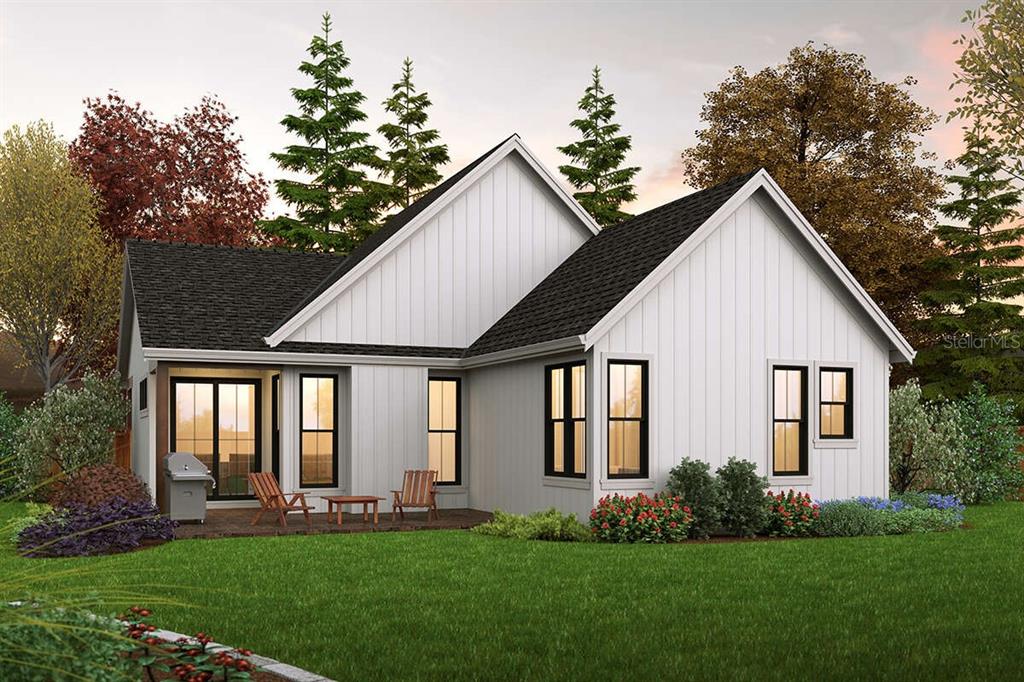 A digital rendering of the exterior of a white modern farmhouse with a back patio — 6176 FAIRWAY DRIVE, RIDGE MANOR, FL