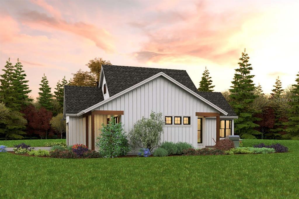 A digital rendering of a white farmhouse-style home with a dark roof and wooden accents — 6176 FAIRWAY DRIVE, RIDGE MANOR, FL