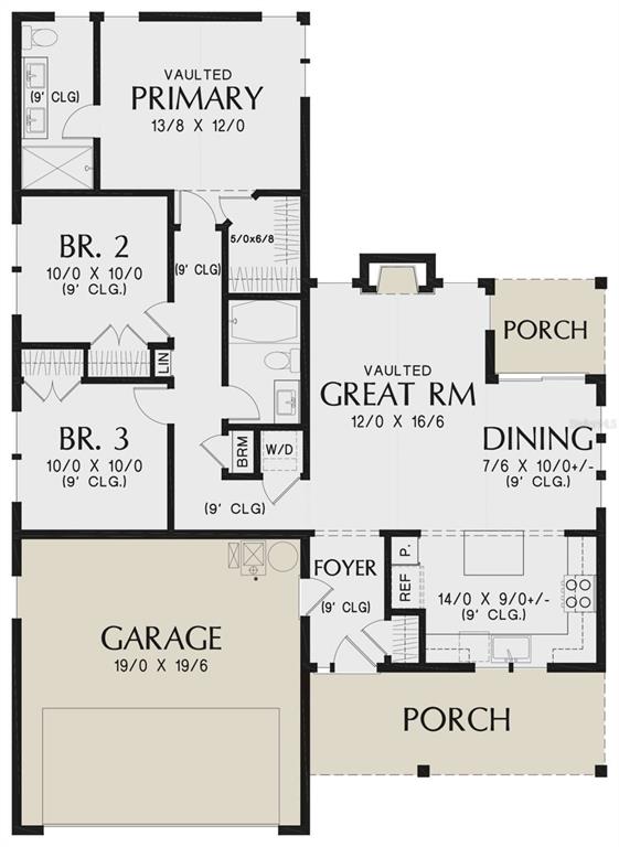 This is a floor plan for a single-story house featuring three bedrooms, a garage, and porches — 6176 FAIRWAY DRIVE, RIDGE MANOR, FL