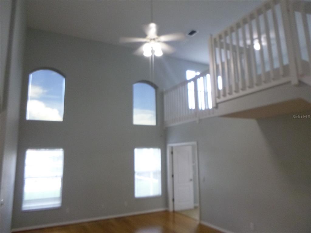A high-ceilinged living room features a ceiling fan, arched windows, and a wooden balcony railing — 19146 CYPRESS GREEN DRIVE, LUTZ, FL