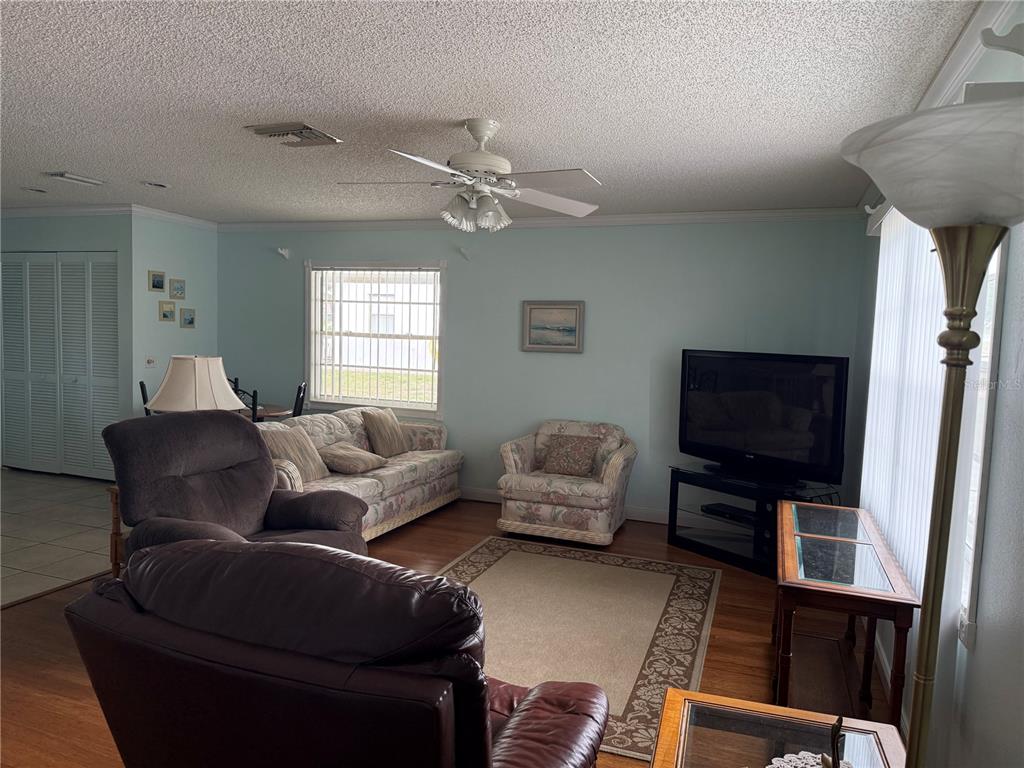 A living room features light blue walls, a ceiling fan, and a mix of furniture — 12131 ROCKFORD STREET, SPRING HILL, FL