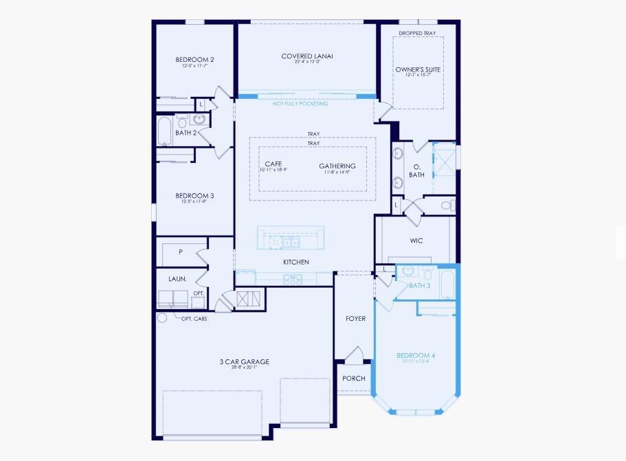This floor plan shows a four-bedroom home with a three-car garage and a covered lanai — 4425 SW Cornerstone Way # 169, Stuart FL 34997, STUART, FL
