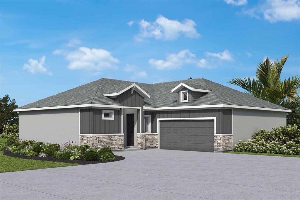 This is a digital rendering of a single-story house with a gray exterior and garage — 5254 COLONY VISTA DRIVE, APOLLO BEACH, FL