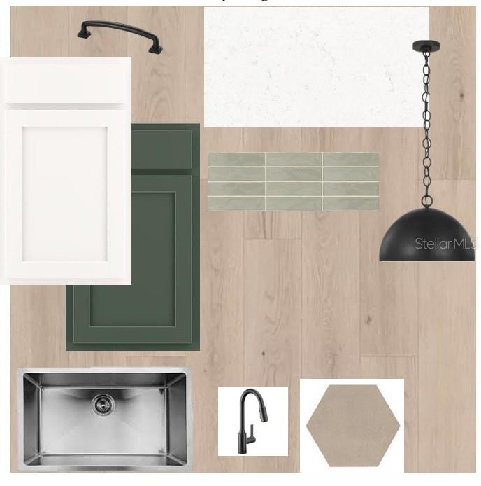 This is a digital design board showing kitchen finishes, including cabinets, hardware, tile, and fixtures — 5254 COLONY VISTA DRIVE, APOLLO BEACH, FL