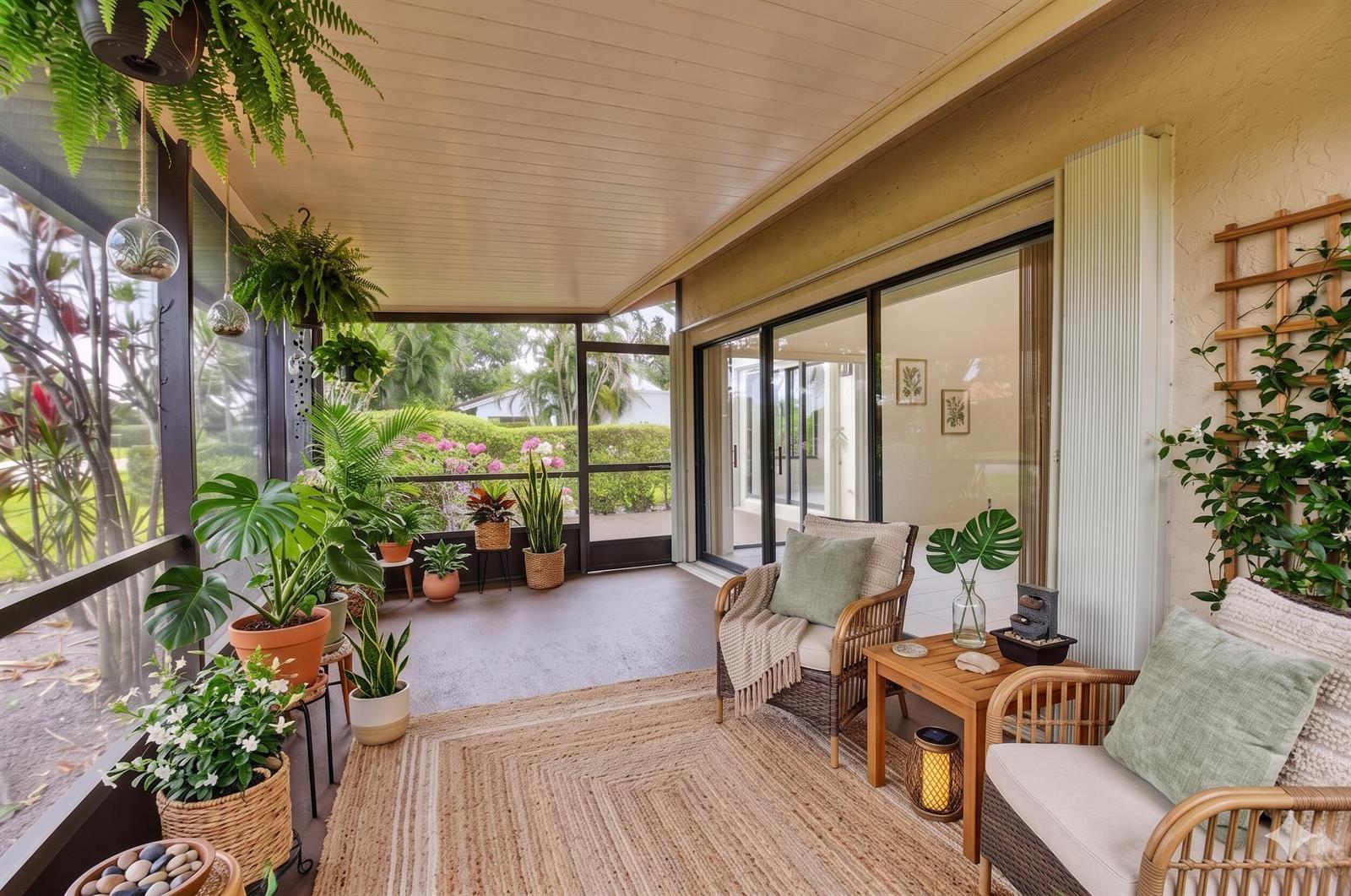 A screened-in patio features wicker chairs, a jute rug, and numerous potted plants — 5580 Piping Rock Drive, Boynton Beach FL 33437, BOYNTON BEACH, FL