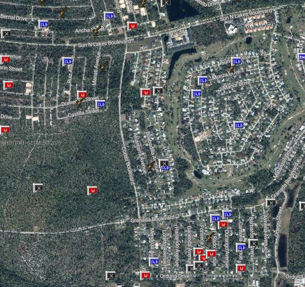This is an aerial map showing residential streets and undeveloped land in a suburban area — 4525 MAJORCA DR, Sebring FL 33872, SEBRING, FL