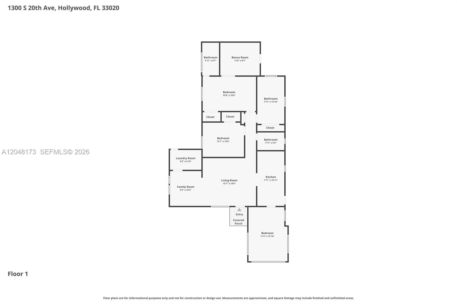 This is a floor plan showing the layout of a single-story residential property — 1300 S 20th Ave, Hollywood FL 33020, HOLLYWOOD, FL