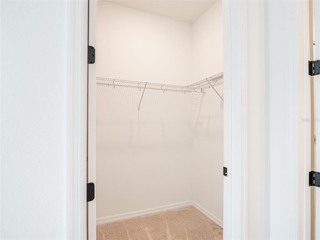 A walk-in closet features white walls, beige carpeting, and white wire shelving — 8442 SPERRY STREET, ORLANDO, FL