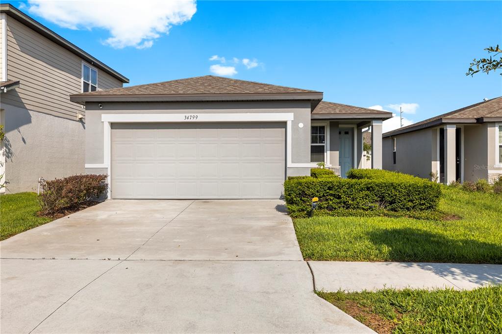 A single-story suburban house features a two-car garage, a concrete driveway, and manicured landscaping — 34799 TELLURIDE LANE, ZEPHYRHILLS, FL