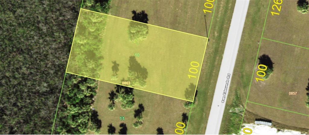 This is an aerial map view of a rectangular vacant lot bordering a paved road — 16801 SAN EDMUNDO ROAD, PUNTA GORDA, FL