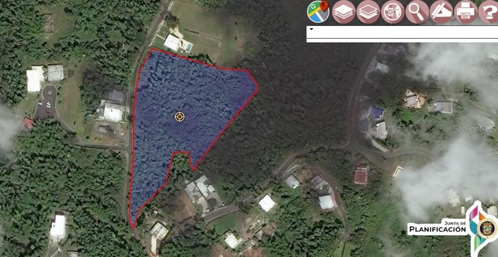 This is a map showing an aerial view of a wooded lot outlined in blue — YAGRUMO ST UNIT 13, SAN JUAN, PR
