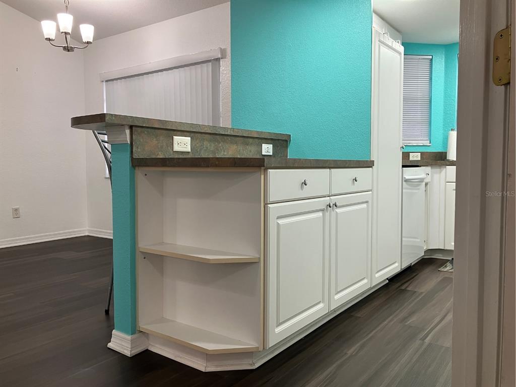 A kitchen features white cabinets, a teal accent wall, and a dark countertop breakfast bar — 21146 FOUNTAIN VIEW LANE UNIT 4303, LUTZ, FL