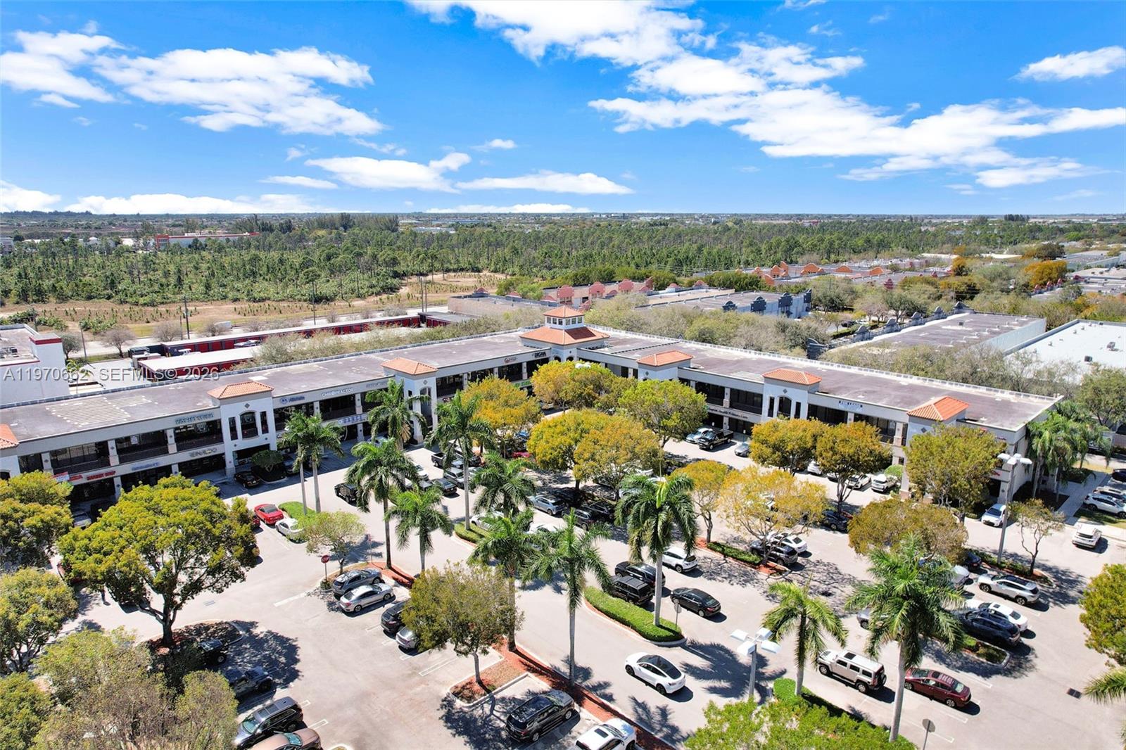An aerial view shows a commercial strip mall with a parking lot and palm trees — 12338 SW 127, Miami FL 33186, MIAMI, FL