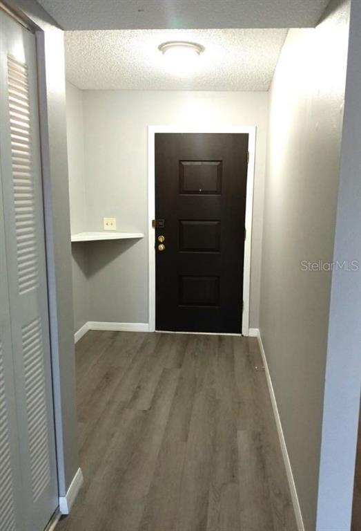 An entryway features a dark door, light gray walls, wood-look flooring, and a corner shelf — 4575 S TEXAS AVENUE UNIT 307, ORLANDO, FL