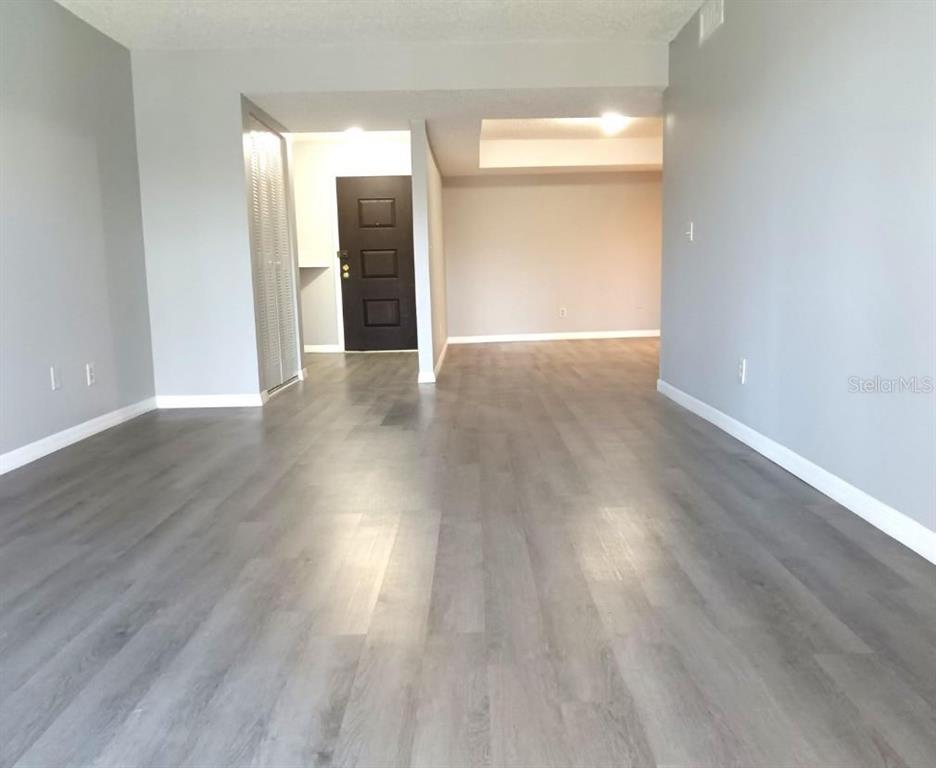 An empty room features gray wood-look flooring, light gray walls, and a dark front door — 4575 S TEXAS AVENUE UNIT 307, ORLANDO, FL