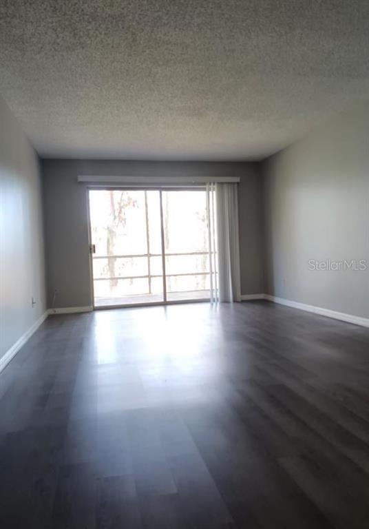An empty living room features gray walls, dark wood-look flooring, and a sliding glass door — 4575 S TEXAS AVENUE UNIT 307, ORLANDO, FL