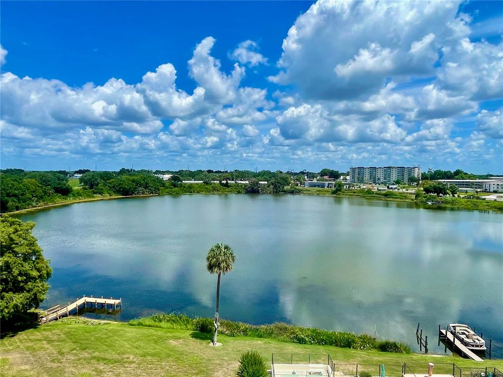 An elevated view of a lake with a wooden dock and a palm tree — 700 MIRROR TERRACE NW UNIT 705, WINTER HAVEN, FL