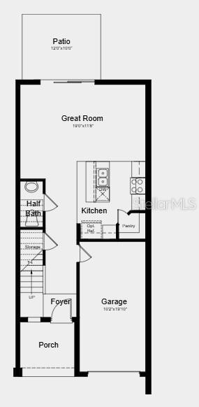 This floor plan shows the first level of a home with a garage, kitchen, and patio — 7195 GRAND FOREST WAY, NOKOMIS, FL
