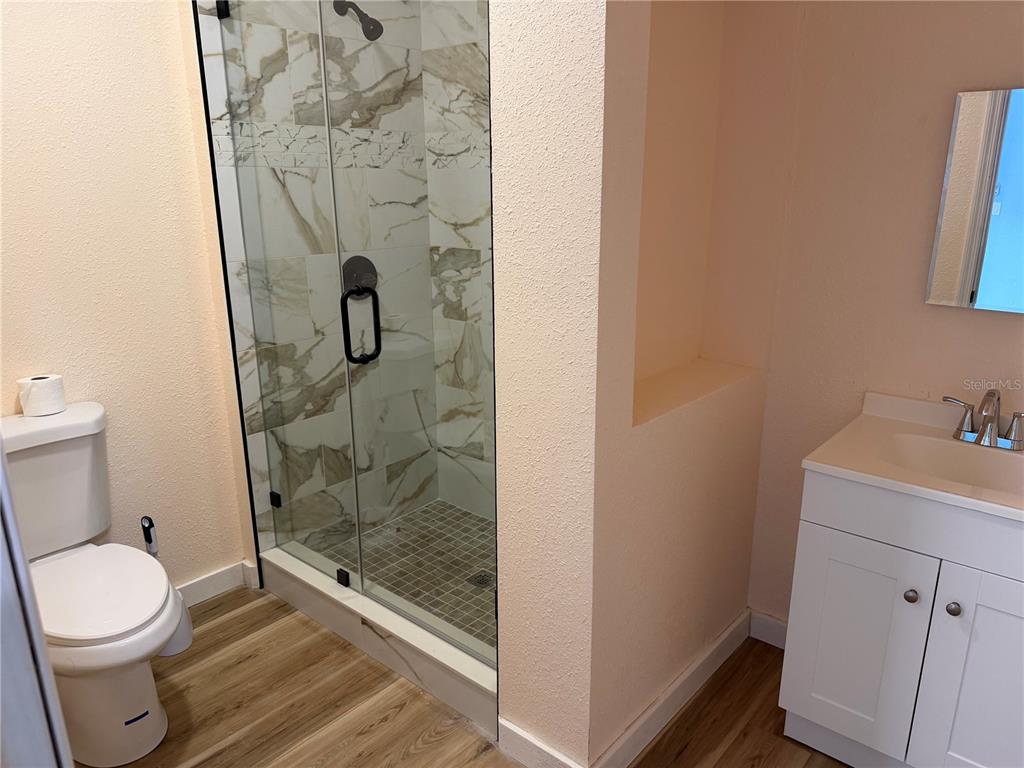 A bathroom features a glass-enclosed shower, a white vanity, and a toilet on wood-look flooring — 37631 KOSSIK ROAD, ZEPHYRHILLS, FL
