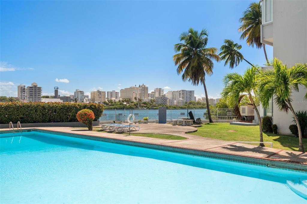 A swimming pool overlooks a grassy lawn, palm trees, and a distant city skyline — 1020 AVE. ASHFORD UNIT 302, SAN JUAN, PR