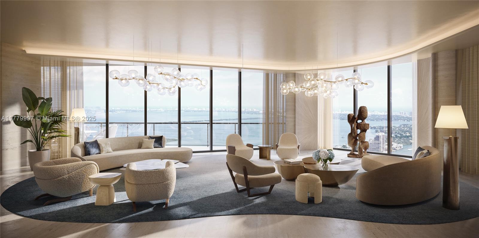 This rendering shows a modern living room with floor-to-ceiling windows overlooking a bay — 1000 Biscayne Blvd # 5801, Miami FL 33132, MIAMI, FL