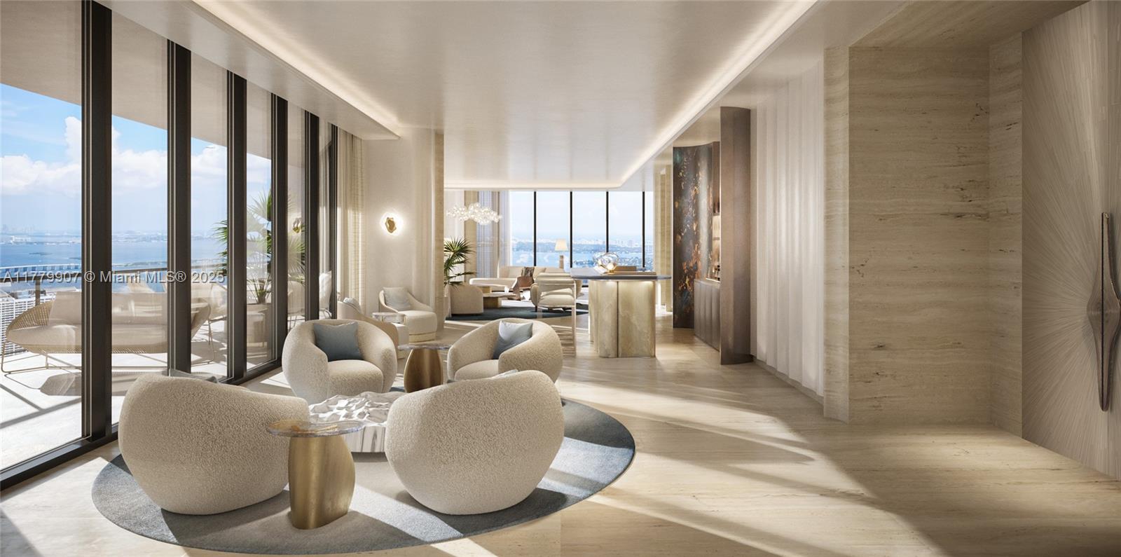 This rendering shows a modern, open-concept living area with floor-to-ceiling windows and neutral furniture — 1000 Biscayne Blvd # 5801, Miami FL 33132, MIAMI, FL