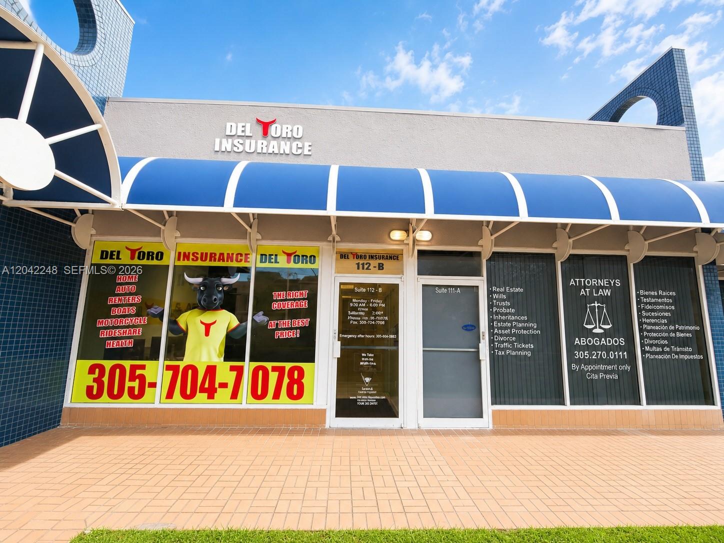 The exterior of a commercial building features Del Toro Insurance signage and an attorney's office — 10240 SW 56th St # C, Miami FL 33165, MIAMI, FL