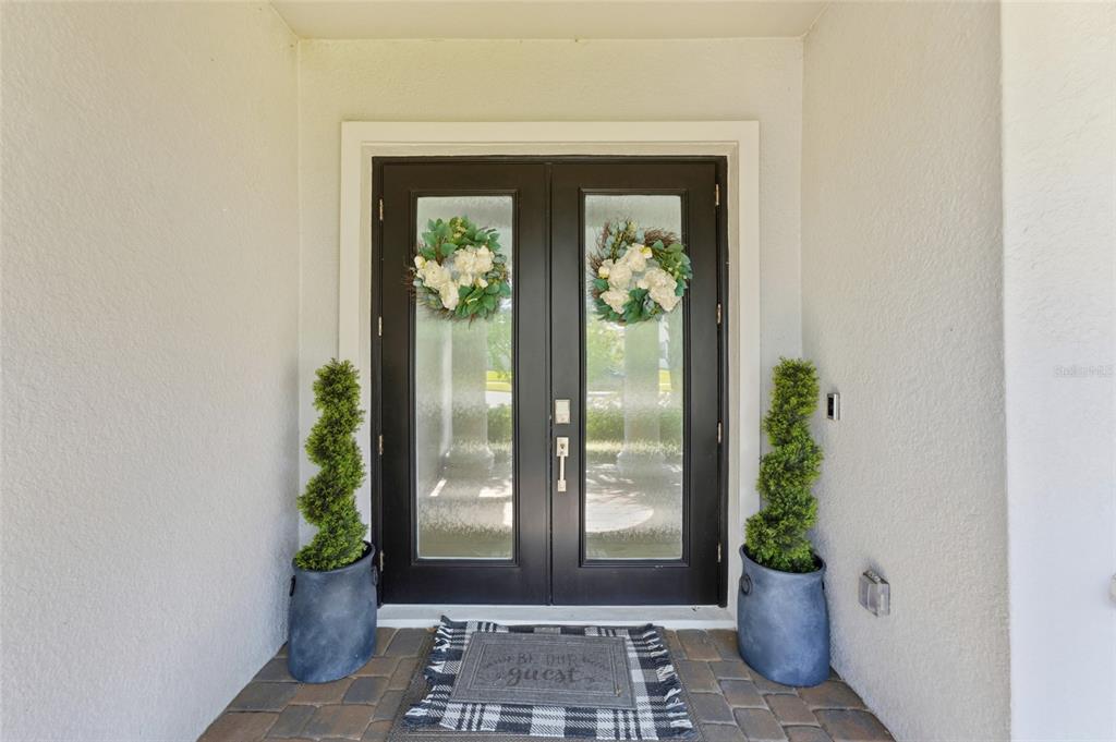 A front entryway features double black glass doors flanked by two potted topiary trees — 29818 PICANA LANE, WESLEY CHAPEL, FL