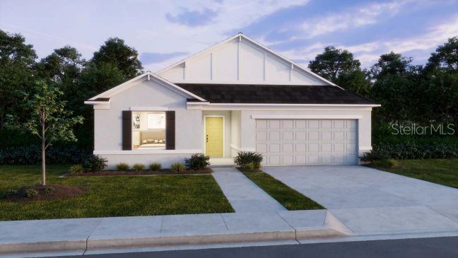 A digital rendering of a single-story suburban house with a yellow front door and garage — 17663 NW 169TH PLACE, ALACHUA, FL