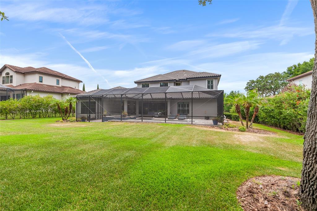 The exterior of a two-story house features a screened-in patio and a large grassy backyard — 14704 FISHHAWK PRESERVE DRIVE, LITHIA, FL