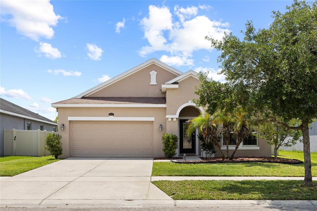 A single-story house with a beige stucco exterior, a two-car garage, and a front lawn — 3851 PACENTE LOOP, WESLEY CHAPEL, FL