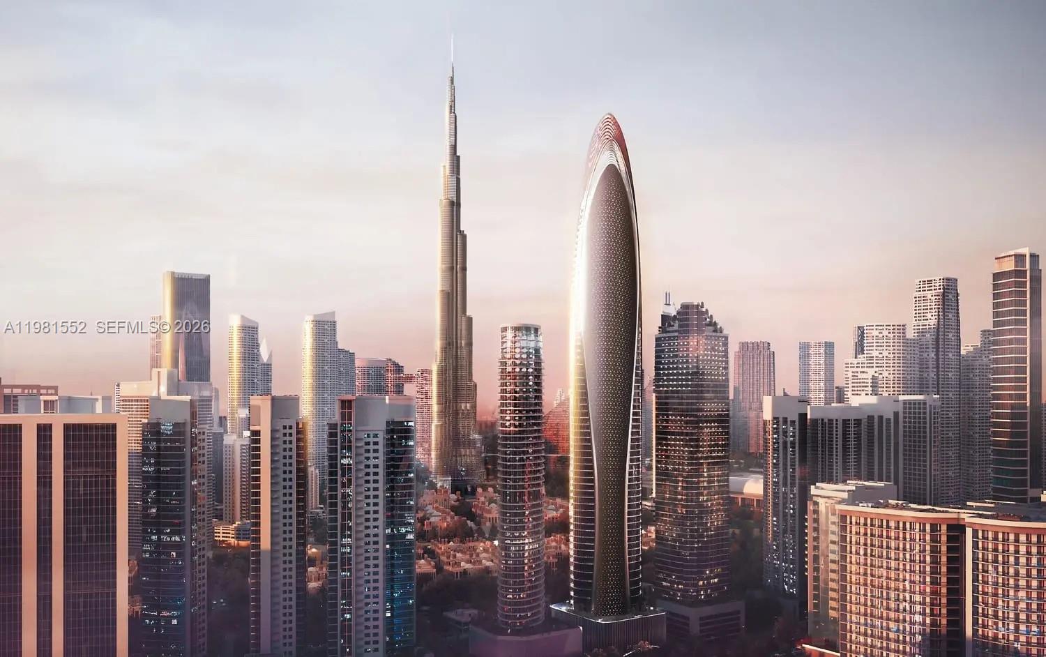 A digital rendering shows a modern skyscraper skyline featuring the Burj Khalifa and surrounding towers — 284033 Al Asayel Street # 0, Dubai, FL