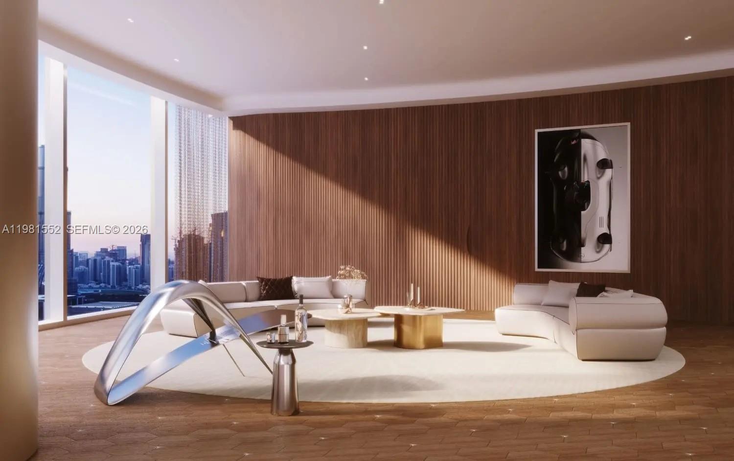 This rendering shows a modern living room with wood-paneled walls, curved sofas, and city views — 284033 Al Asayel Street # 0, Dubai, FL