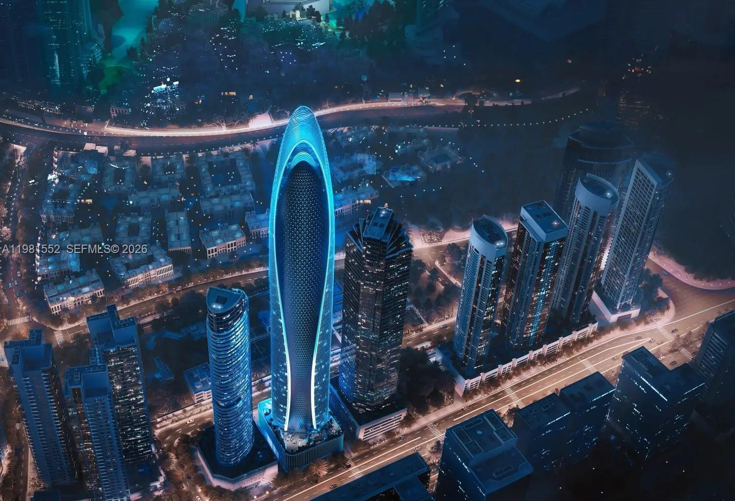 An aerial architectural rendering shows a glowing blue skyscraper surrounded by city buildings at night — 284033 Al Asayel Street # 0, Dubai, FL