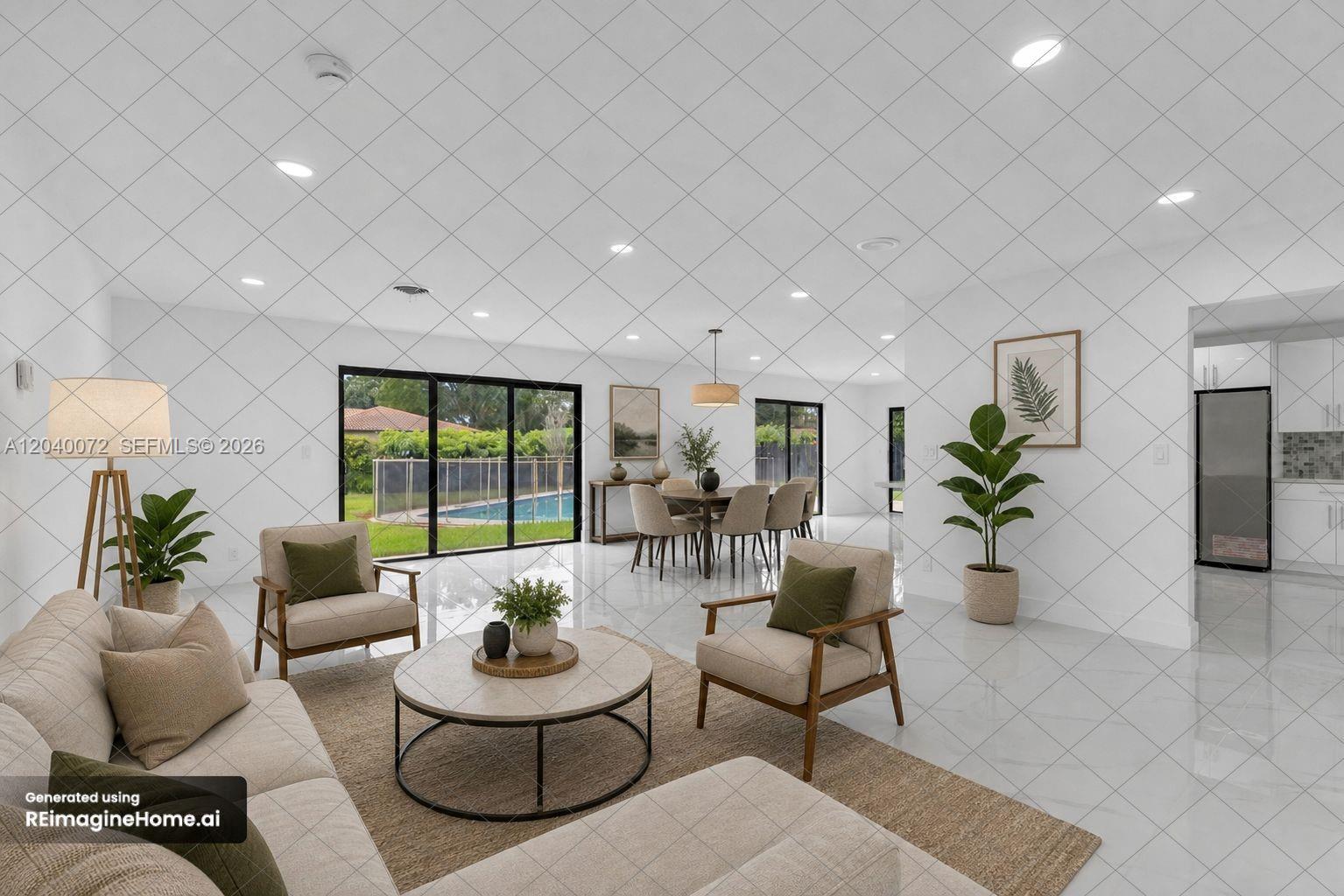 This is a digitally staged living and dining area with white tile floors and pool views — 6940 NW 6th St, Plantation FL 33317, PLANTATION, FL