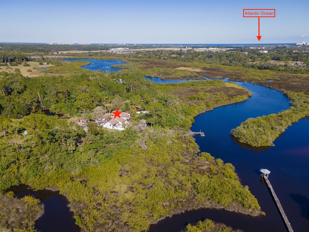 An aerial view shows a house nestled in a wooded area beside a winding waterway — TUMBLIN DRIVE, NEW SMYRNA BEACH, FL