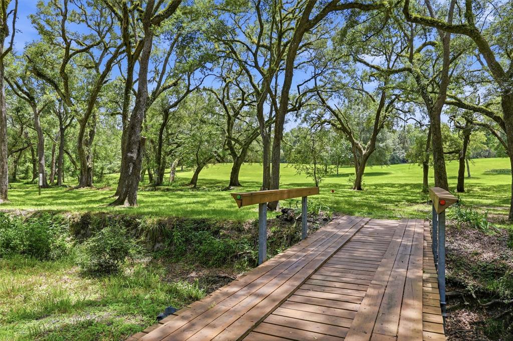 A wooden footbridge crosses a small creek leading toward a grassy field with many trees — 4875 SW COUNTY ROAD 240, LAKE CITY, FL