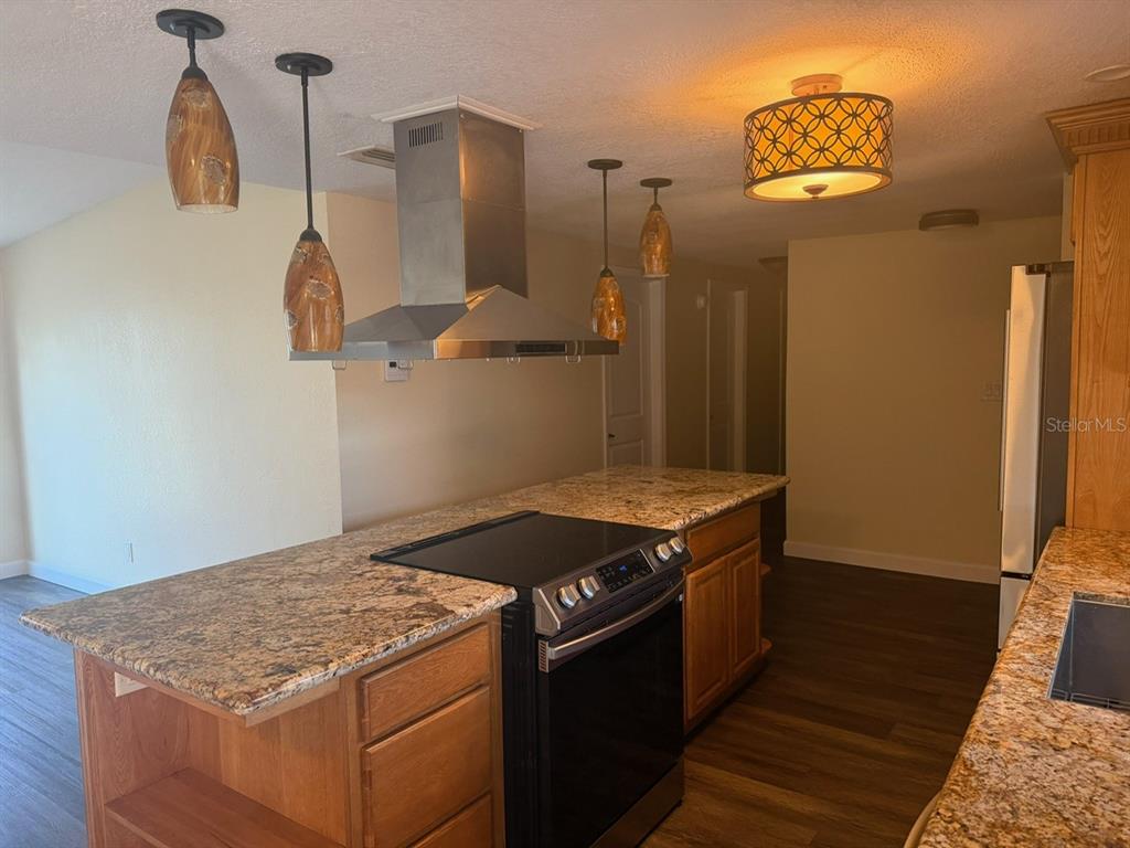 A kitchen features a granite-topped island with a range, stainless steel hood, and pendant lighting — 11595 SE 129TH PLACE, OCKLAWAHA, FL