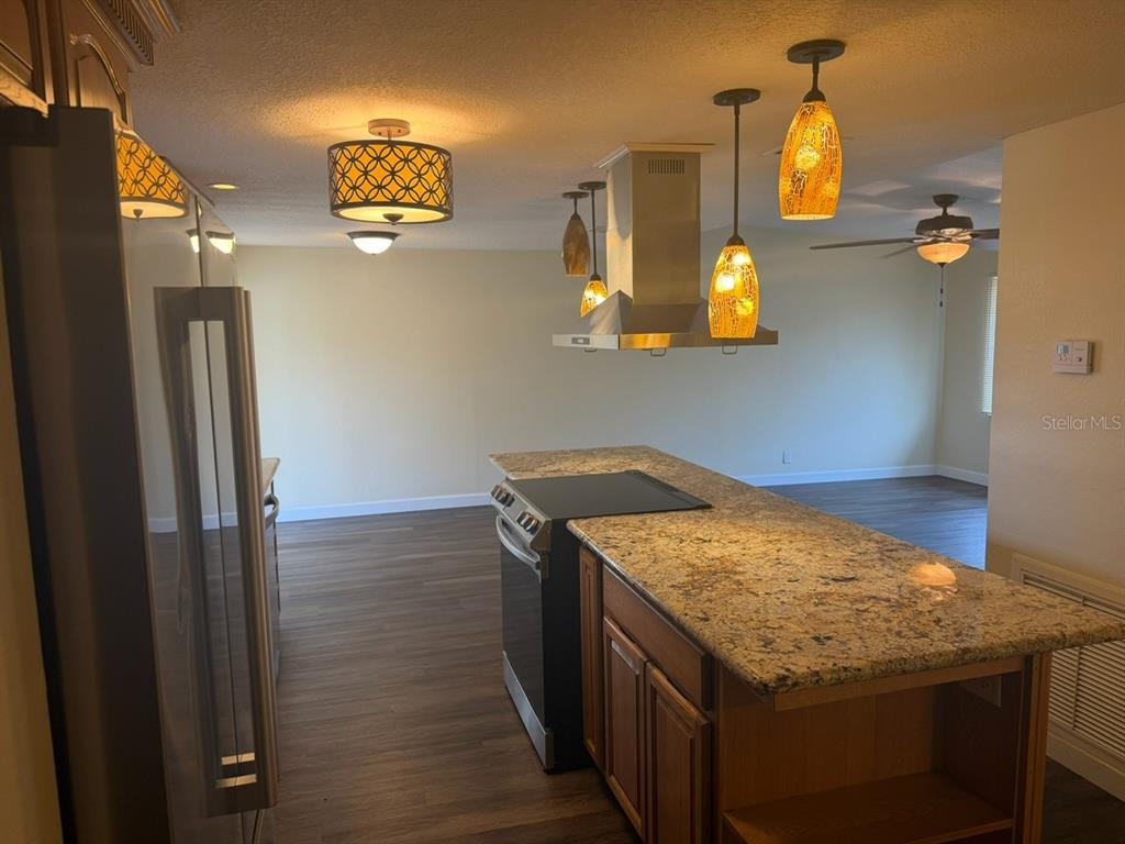 A kitchen features a granite-topped island, stainless steel appliances, and pendant lighting over the stove — 11595 SE 129TH PLACE, OCKLAWAHA, FL