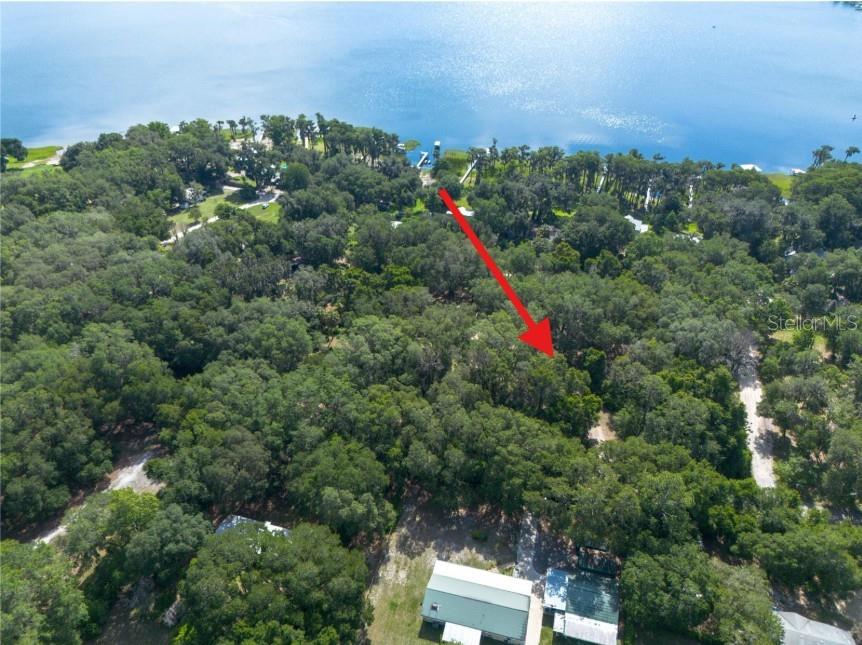 An aerial view shows a wooded lot extending toward a lake with a red arrow — 7517 NE 221ST STREET, MELROSE, FL