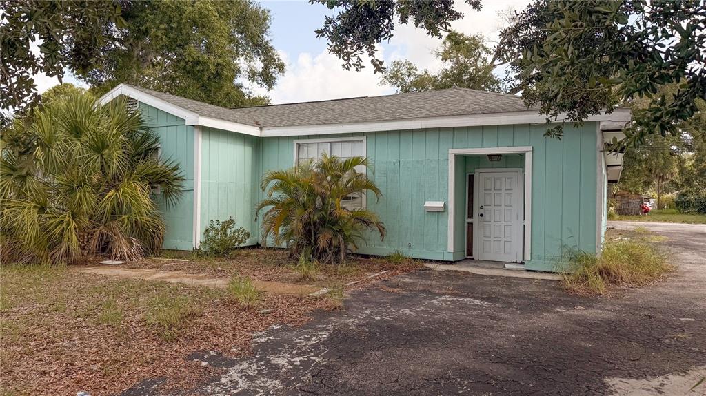 A light green, single-story house with a paved driveway and palm trees in the yard — 5045 38TH AVENUE N, ST PETERSBURG, FL