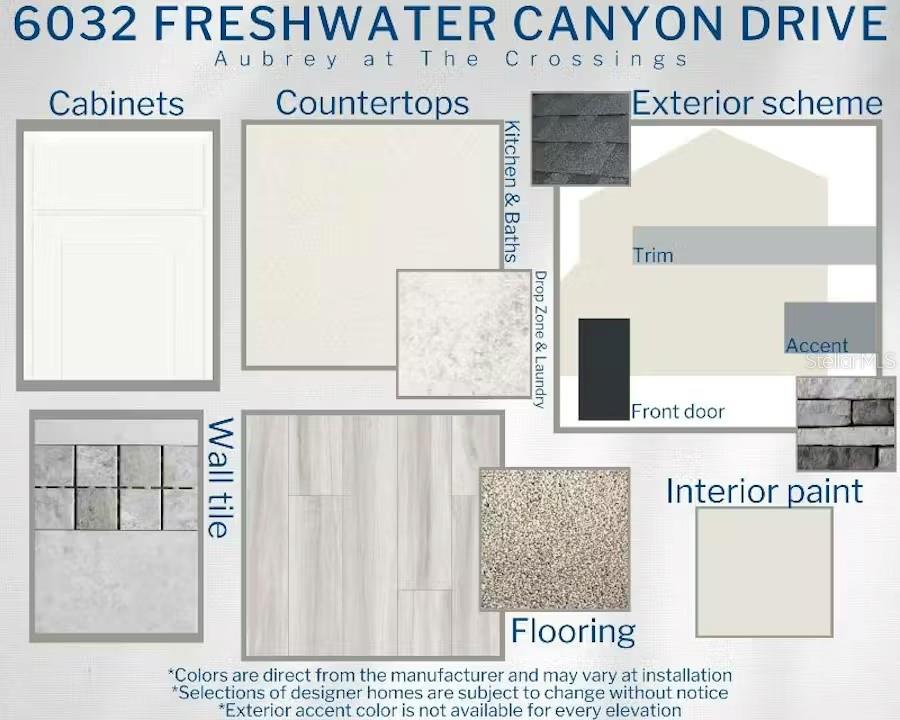 This design board displays interior and exterior finish selections for a residential property — 6032 FRESHWATER CANYON DRIVE, ST CLOUD, FL