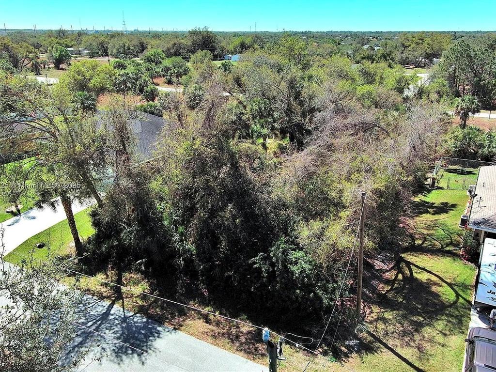 An aerial view shows a densely wooded vacant lot situated between two residential properties — 205 FERDON CIRCLE, PORT CHARLOTTE, FL