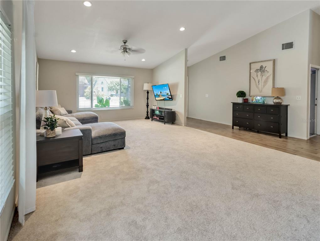 A living room features carpeted flooring, a sectional sofa, a television, and a dark dresser — 12004 STEPPINGSTONE BOULEVARD, TAMPA, FL