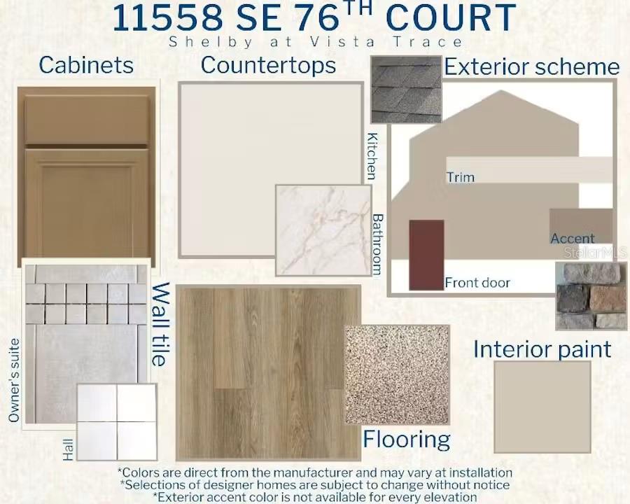 This design board displays material and color selections for a home's interior and exterior finishes — 11558 SE 76TH COURT, BELLEVIEW, FL