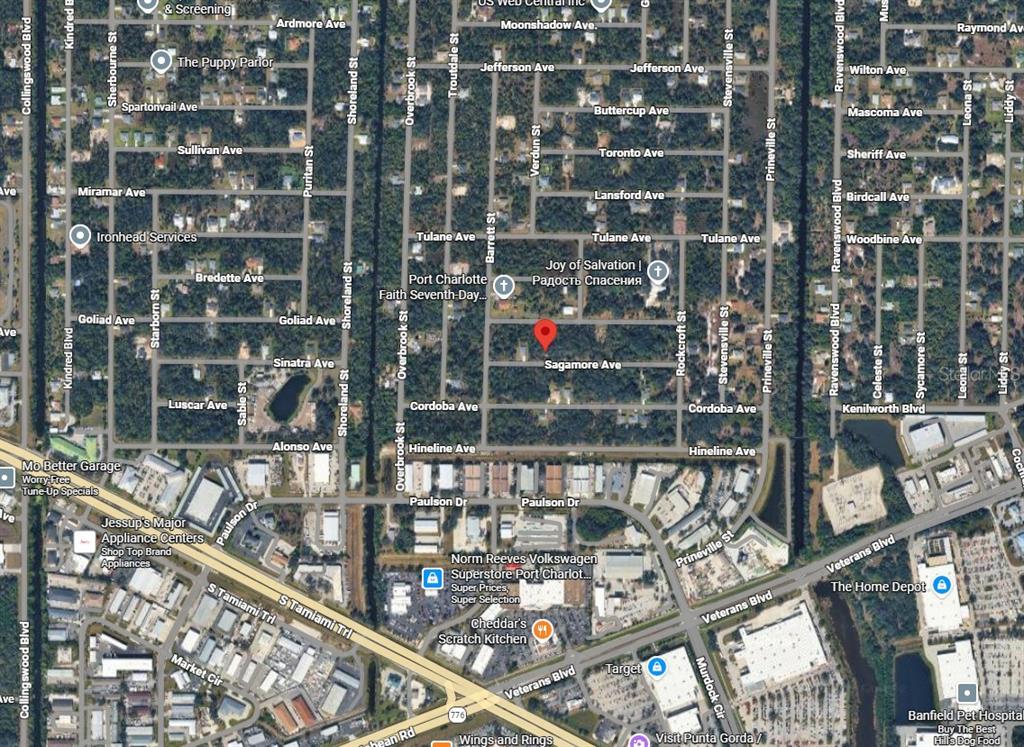 This is a satellite map view of a residential neighborhood in Port Charlotte, Florida — 18362 SAGAMORE AVENUE, PORT CHARLOTTE, FL