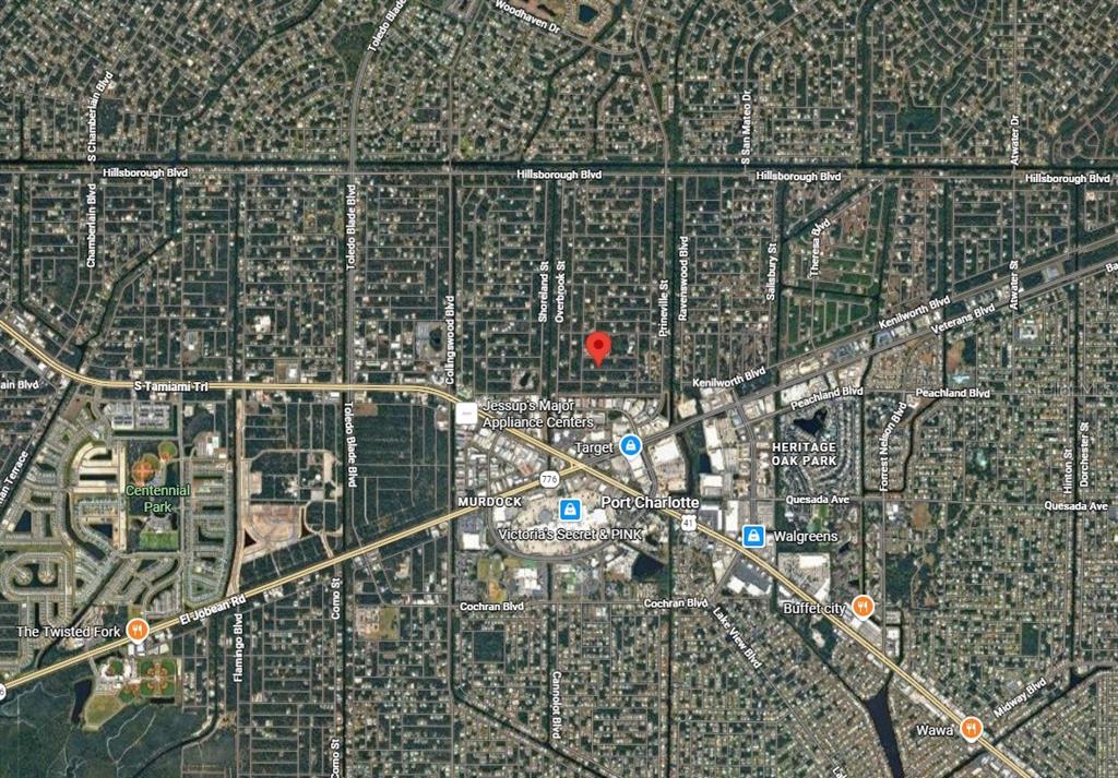 This is an aerial map view of a residential area in Port Charlotte, Florida — 18362 SAGAMORE AVENUE, PORT CHARLOTTE, FL