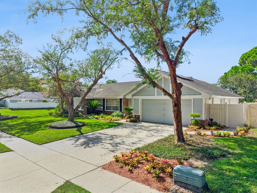 A single-story house with a two-car garage, a concrete driveway, and mature trees in front — 1129 CLIMBING ROSE DRIVE, OCOEE, FL