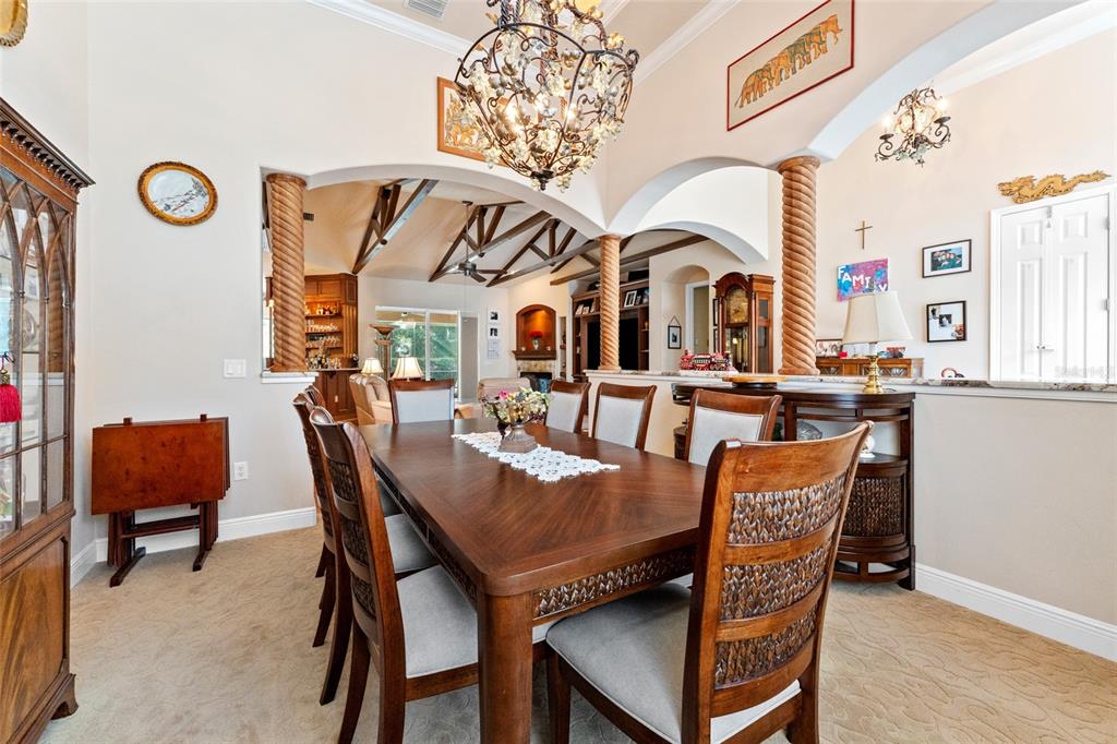 A dining room features a wooden table, chairs, a chandelier, and arched openings with columns — 509 VINTAGE WAY, BRANDON, FL