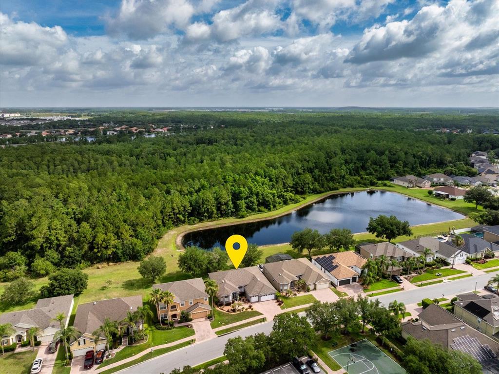 An aerial view shows a suburban house with a yellow location pin near a pond — 9997 CHARDONNAY DRIVE, ORLANDO, FL